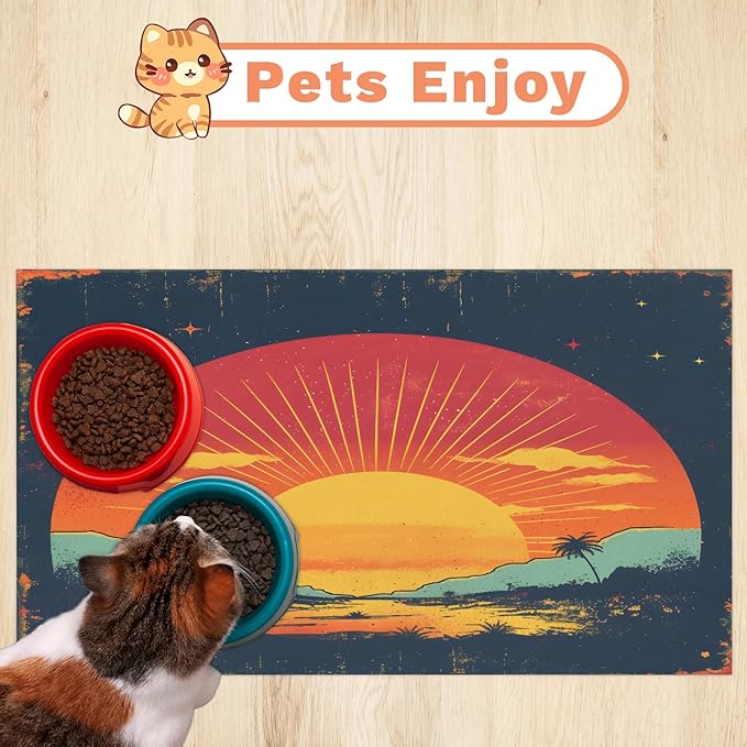 Boho Sunrise Dog Food Mat for Floors Absorbent, Quick Dry Water Dispenser Mat for Food, Water, Pet Supplies 24" x 32", Palm Tree