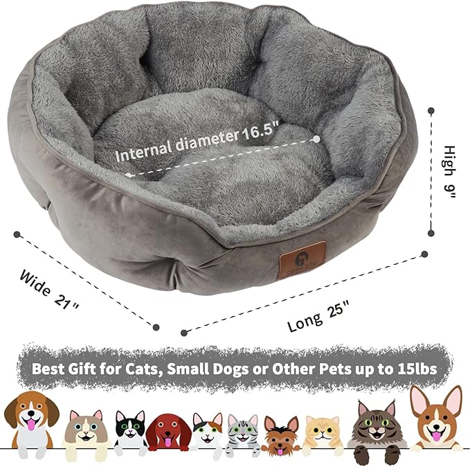 Asvin Medium Dog Bed for Medium Dogs, Large Cat Beds for Indoor Cats, Pet Bed for Puppy and Kitty, Extra Soft & Machine Washable with Anti-Slip & Water-Resistant Oxford Bottom, Grey, 25 inches