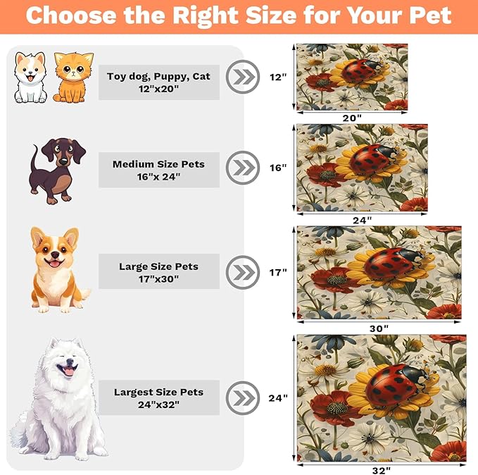 Cute Ladybird Dog Food Mat for Floors Absorbent, Quick Dry Water Dispenser Mat for Food, Water, Pet Supplies 17" x 30", Daisy Flower