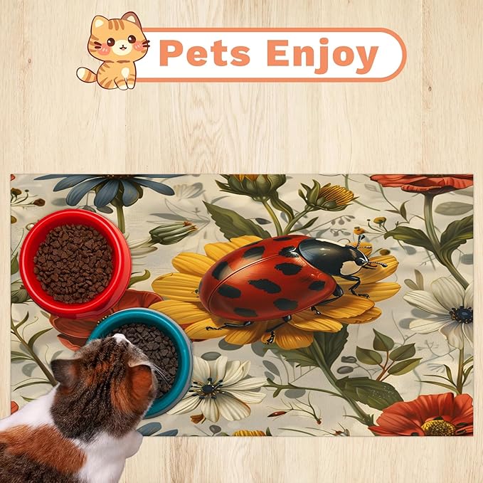 Cute Ladybird Dog Food Mat for Floors Absorbent, Quick Dry Water Dispenser Mat for Food, Water, Pet Supplies 24" x 32", Daisy Flower