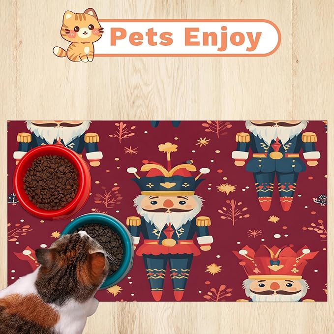 Nutcrackers Dog Food Mat for Floors Absorbent, Quick Dry Water Dispenser Mat for Food, Water, Pet Supplies 24" x 32", Christmas