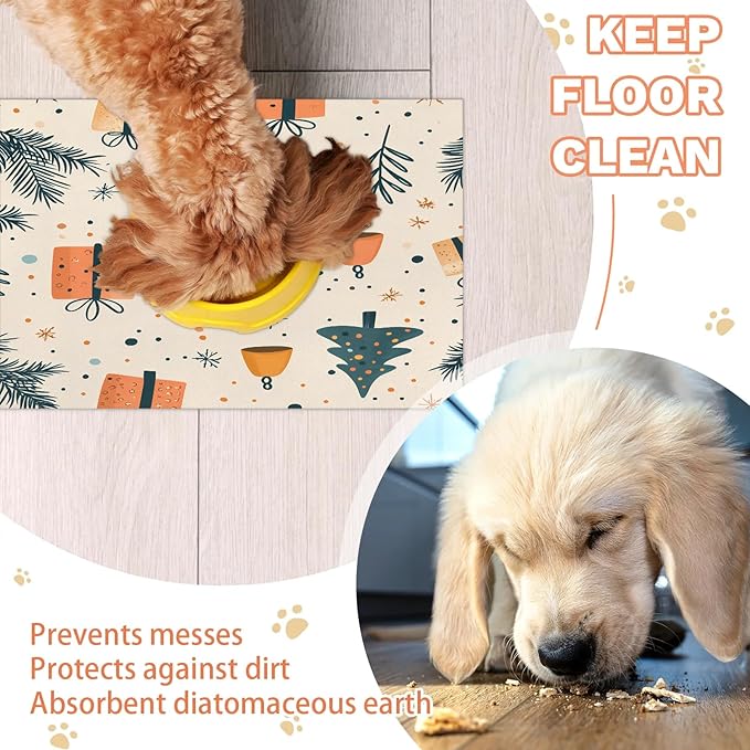 Christmas Tree Dog Food Mat for Floors Absorbent, Quick Dry Water Dispenser Mat for Food, Water, Pet Supplies 24" x 32", Merry Christmas