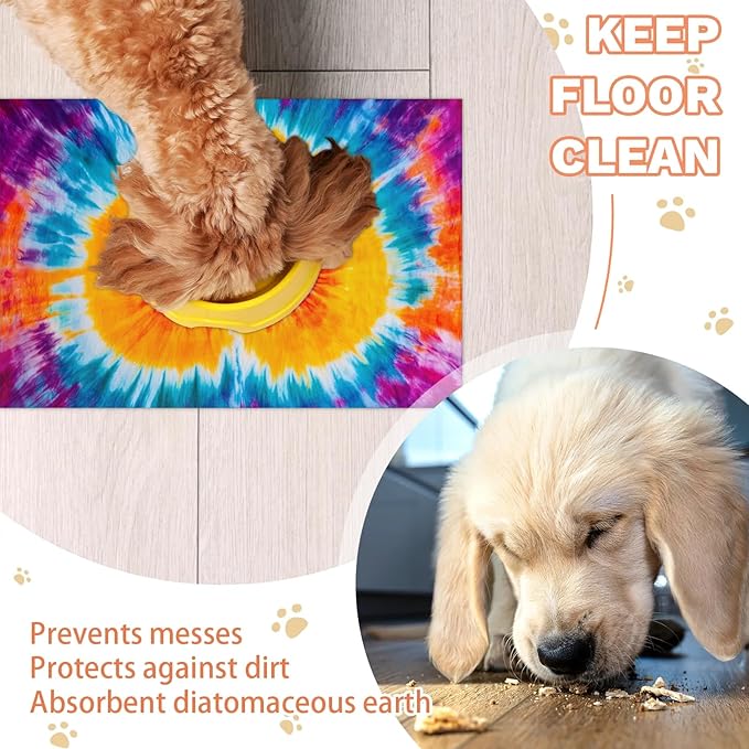 Tie Dye Dog Food Mat for Floors Absorbent, Quick Dry Water Dispenser Mat for Food, Water, Pet Supplies 12" x 20", Colorful Love Heart