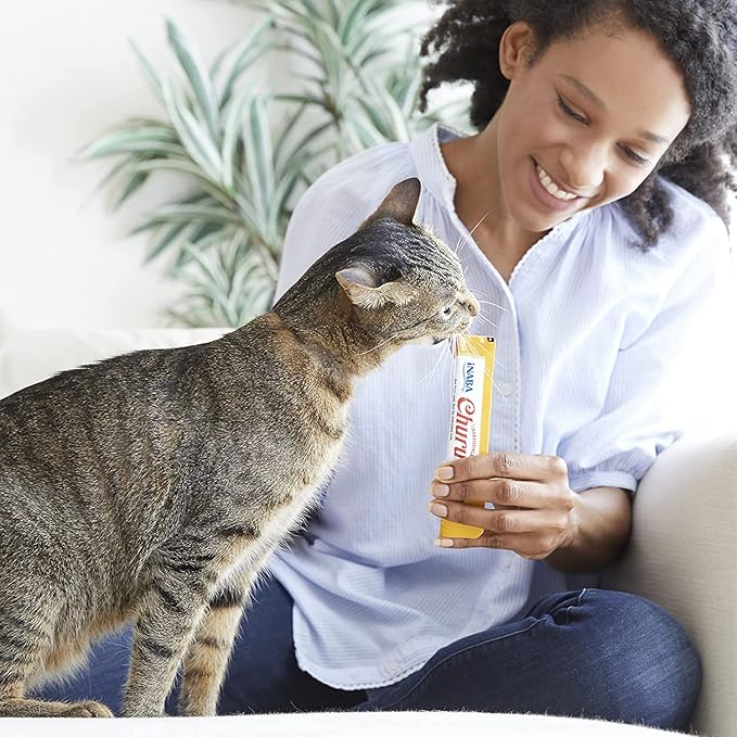 INABA Churu Cat Treats, Grain-Free, Lickable, Squeezable Creamy Purée Cat Treat/Topper with Vitamin E & Taurine, 0.5 Ounces Each Tube, 12 Tubes (4 per Pack), Chicken with Cheese Recipe