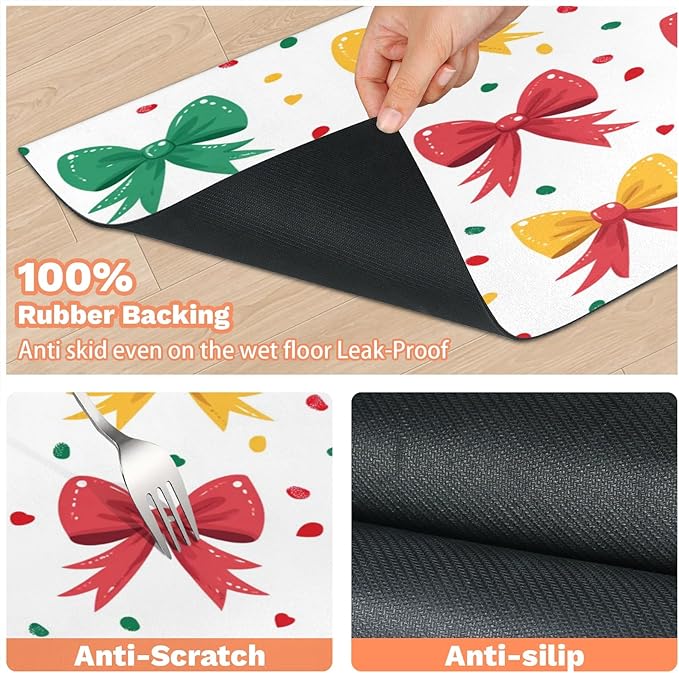 Christmas Bow Dog Food Mat for Floors Absorbent, Quick Dry Water Dispenser Mat for Food, Water, Pet Supplies 16" x 24", Colorful Cute Bow