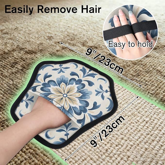 Reusable Pet Hair Removal Glove Watercolor Blue Flowers Magic Brush for Cat & Dog Hair Remover for Car, Sofa, Bedding, Clothes - 9x9 Mitt Washable