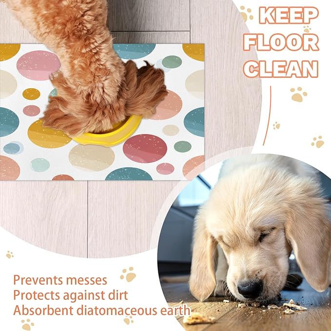 Polka Dot Dog Food Mat for Floors Absorbent Dog Bowl Mat for Food and Water Dispenser Quick Dry Cat Food Placemat Pet Supplies 12" x 20", Colorful Circle