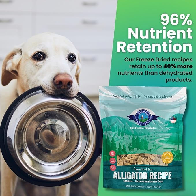 Shepherd Boy Farms Freeze Dried Raw Dog Food, Alligator Recipe, All Natural, No Synthetics, Made in USA with Goat's Milk & Organic Produce, High Protein, Complete Meal (14oz)