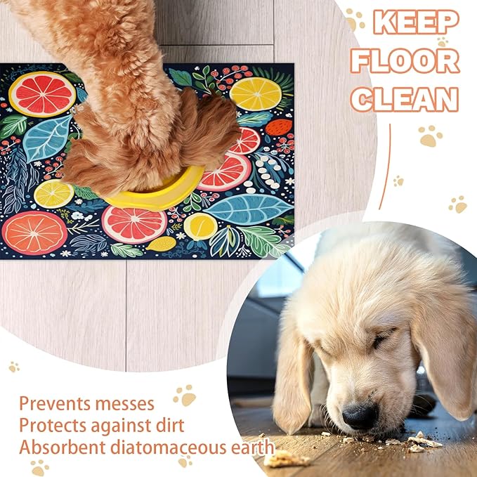 Colorful Lemon Dog Food Mat for Floors Absorbent Dog Bowl Mat for Food and Water Dispenser Quick Dry Cat Food Placemat Pet Supplies 24" x 32", Leaves