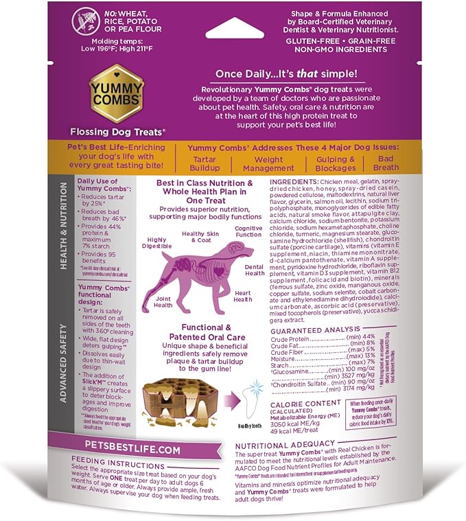 Yummy Combs Dog Dental Treats – Vet VOHC Approved, Removes Tartar & Cleans Teeth – Yummy High Protein Chicken Treat for Large Dogs (Mini Pack, 6 Count)