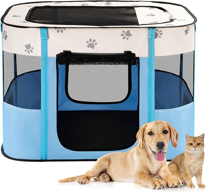 Avont Portable Dog Cat Playpen, Foldable Pop Up Pet Play Pen Travel Crate with Floor and Mesh Door Top for Indoor Outdoor Collapsible Tent Cage -S, Blue