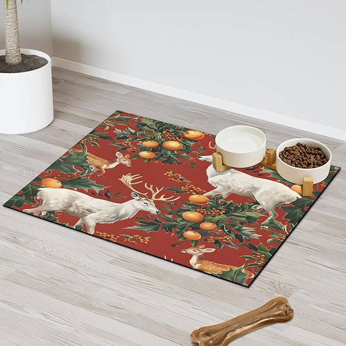 Christmas Deer Dog Food Mat for Floors Absorbent, Quick Dry Water Dispenser Mat for Food, Water, Pet Supplies 12" x 20", Holly Xmas