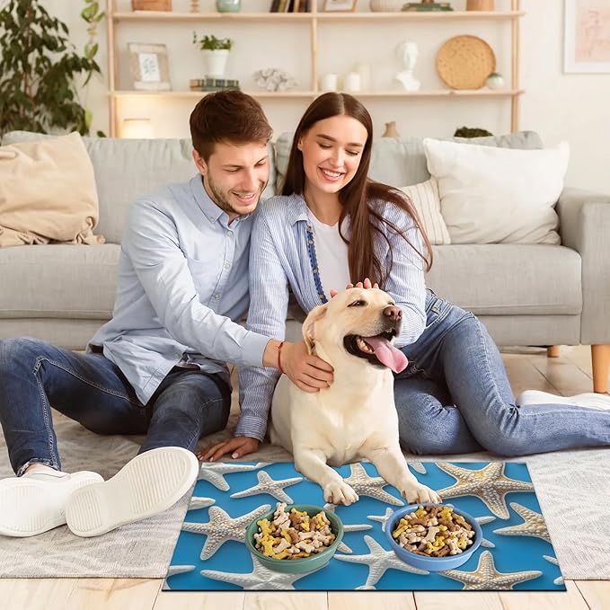 Starfish Dog Food Mat for Floors Absorbent Dog Bowl Mat for Food and Water Dispenser Quick Dry Cat Food Placemat Pet Supplies 12" x 20", Blue Ocean Sea