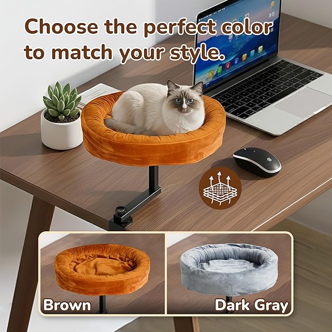 [Ready to Gift] PURRHOUSE Up to 45LBS Capacity Cat Desk Bed - 360° Rotating & Adjustable Shelf, Pet Perch for Desks with Washable Cushion, Desk Cat Bed Attachment for Various Tables (Brown)