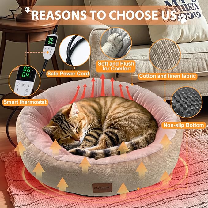 CLAYCLAY Heated Cat Bed, Round Heated Pet Bed for Indoor Cats, 20" Cozy with Timer & Temperature Adjustable, Non-Slip Bottom, Removable, Washable, Waterproof with Pet Heating Pad