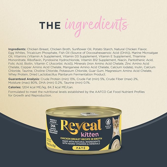 Reveal Entrées Natural Wet Kitten Food Paté, Grain-Free with Added Vitamins & Minerals, Carrageenan-Free and High Protein, Chicken Breast in Paté (12 x 2.47 oz Cans)