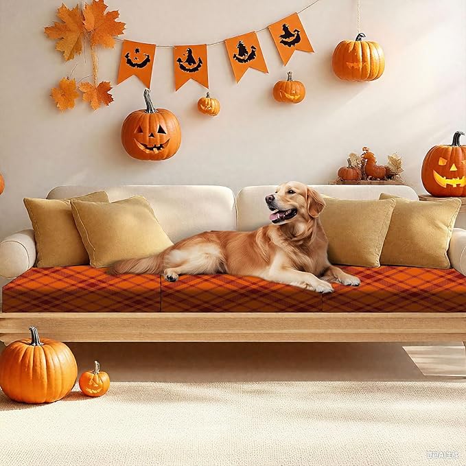 HANDONTIME 8Pcs Thanksgiving Patio Cushion Covers Stretch Couch Covers Plaid Replacement Cushions for Outdoor Buffalo Check Patio Furniture Covers for Pets Sofa Covers Washable (Autumn,Cover Only)