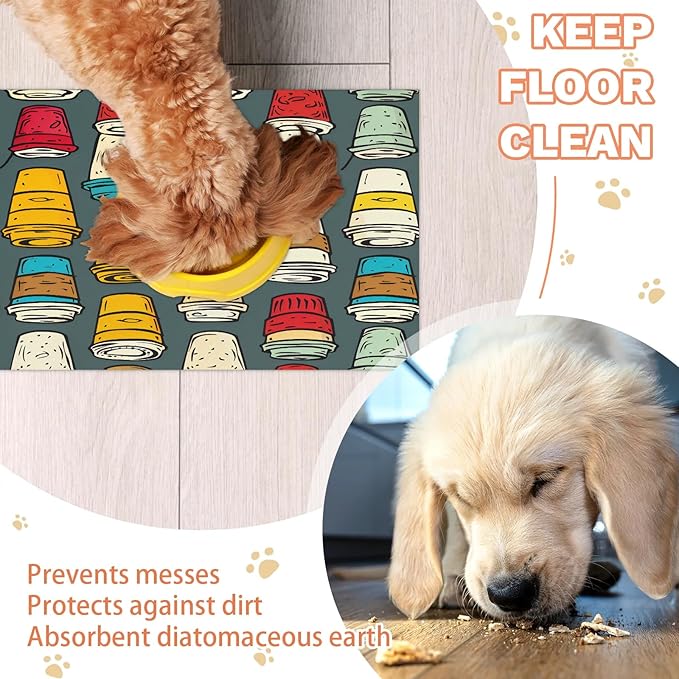 Vintage Coffee Dog Food Mat for Floors Absorbent Dog Bowl Mat for Food and Water Dispenser Quick Dry Cat Food Placemat Pet Supplies 12" x 20", Colorful Coffee