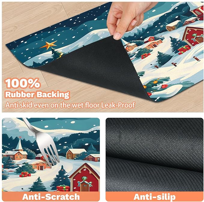 Christmas Xmas Dog Food Mat for Floors Absorbent, Quick Dry Water Dispenser Mat for Food, Water, Pet Supplies 17" x 30", Winter Village