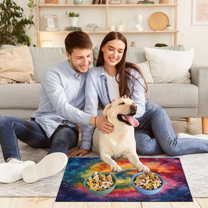Boho Tie Dye Dog Food Mat for Floors Absorbent, Quick Dry Water Dispenser Mat for Food, Water, Pet Supplies 17" x 30", Rainbow