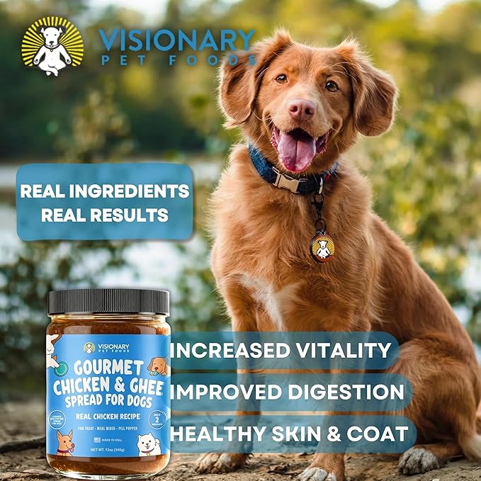 Visionary Pet Foods Chicken Meat Spread, Dog Safe and Natural Peanut Butter Alternative - Healthy Digestive Support, No Additives - Lick Mat Treats - 12oz Jar