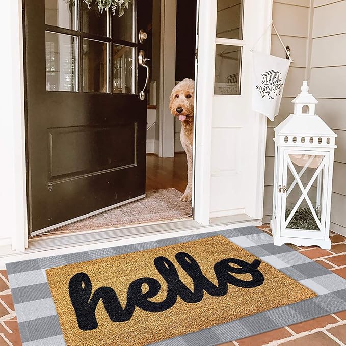 KOZYFLY Buffalo Plaid Rug 27.5x43 Inches Grey and White Outdoor Rugs Hand Woven Cotton Washable Indoor Buffalo Check Rug Layered Doormats for Front Door/Front Porch/Farmhouse/Entryway/Patio