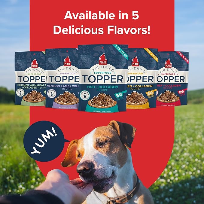 Plato Pet Treats Dog Food Toppers - Air-Dried Dog Food Toppers for Dry Food - with Collagen to Support Skin and Coat Health - Fish and Collagen Recipe 12oz