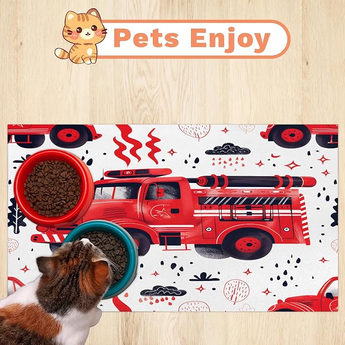 Red Truck Dog Food Mat for Floors Absorbent, Quick Dry Water Dispenser Mat for Food, Water, Pet Supplies 12" x 20", Car Vehicle