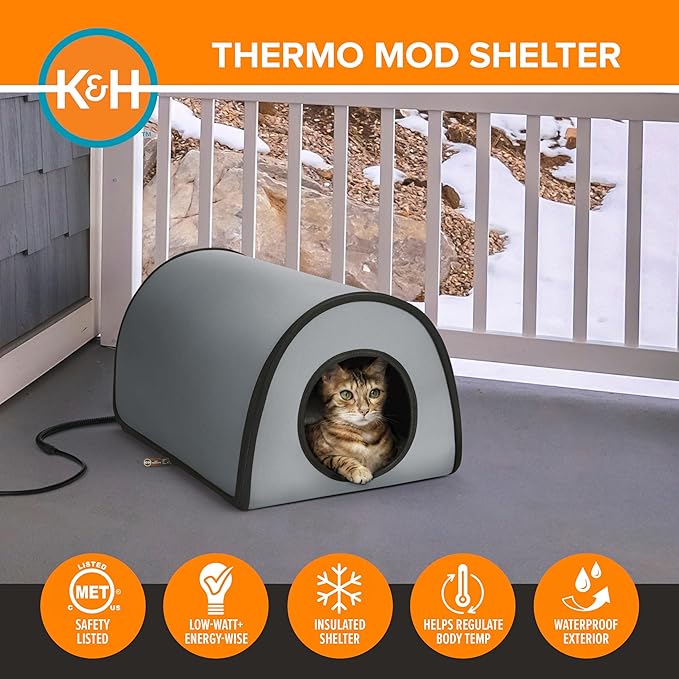 K&H Pet Products Heated Outdoor Cat House for Outside - Thermo Mod Kitty Shelter, Insulated, Waterproof, Heated Floor, Washable Cover, Safety Listed - Small 21 X 14 X 13in Gray 20W