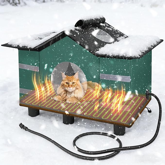 Heated Cat Shelter for Outside, Large Outdoor Cat House with Roof Window & Cozy Cushion Winter Insulated Weatherproof for Multiple Feral Kitties Small Pets Garage Yard Porch