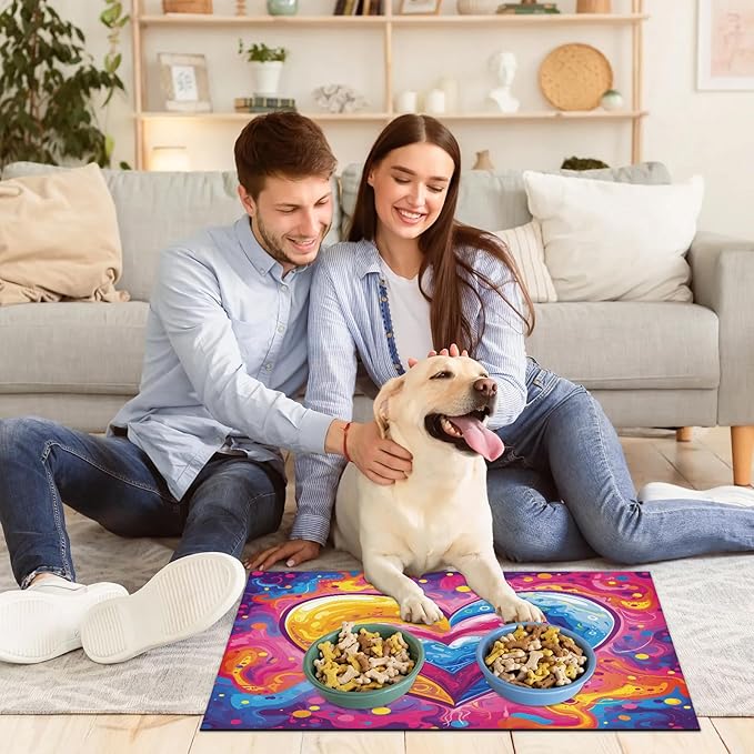 Love Dog Food Mat for Floors Absorbent, Quick Dry Water Dispenser Mat for Food, Water, Pet Supplies 17" x 30", Valentines