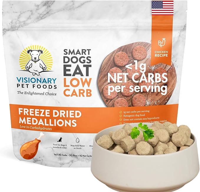 Visionary Pet Foods Low Carb Keto Dry Dog Food – Freeze Dried Raw Real Chicken, <1g Net Carbs Per Cup, Grain Free, Diabetic Friendly, High Protein Natural Dog Food, Made in USA, 25 oz