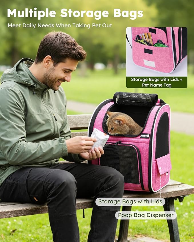 Pecute Cat Backpack Carrier Expandable, Pet Backpack for Cats & Small Dogs Up to 11lbs, with 4-Side Breathable Mesh, Multi-Entry & Lockable Zippers for Travel, Hiking, Camping - Hands Free, Pink
