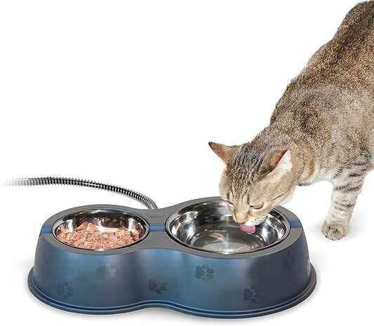 K&H Pet Products Outdoor Heated Cat Food & Water Bowls for Outside Pets, Thermo-Kitty Café Feral Cat Feeding Station, No Frozen Water or Food, Washable Bowls, Safety Listed - 12oz/24oz Stainless