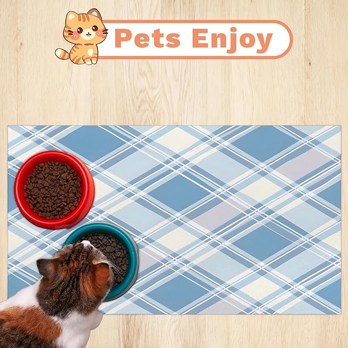 Buffalo Check Dog Food Mat for Floors Absorbent, Quick Dry Water Dispenser Mat for Food, Water, Pet Supplies 16" x 24", Blue Plaid