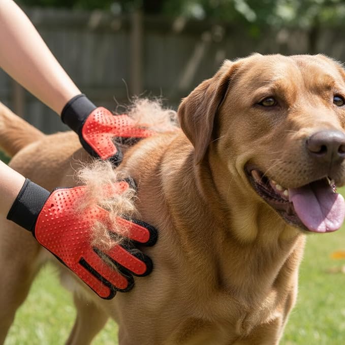 The Room Collective Pet Grooming Gloves 2-Pack, Left and Right Hand Deshedding Mitts with Soft Silicone Tips for Dogs and Cats, Blue or red (Red)