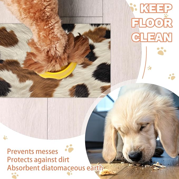 Cow Print Dog Food Mat for Floors Absorbent Dog Bowl Mat for Food and Water Dispenser Quick Dry Cat Food Placemat Pet Supplies 24" x 32", Cow Skin
