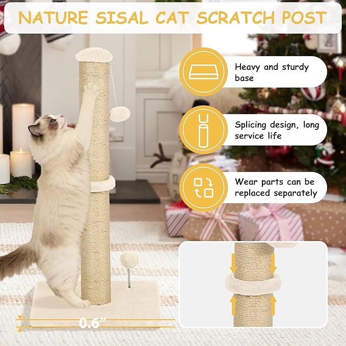 22 Inch Cat Scratching Post Cat Scratcher, Natural Sisal Rope Scratch Post Trees with Hanging Ball for Indoor Kittens