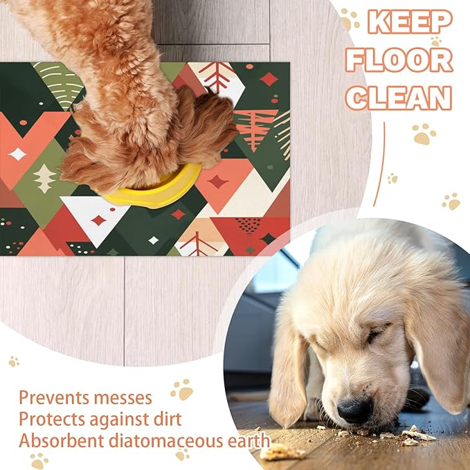 Pine Tree Dog Food Mat for Floors Absorbent, Quick Dry Water Dispenser Mat for Food, Water, Pet Supplies 17" x 30", Boho Tree