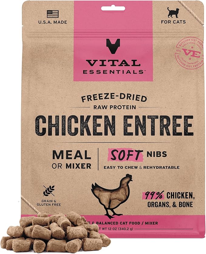Vital Essentials Freeze Dried Cat Food, Raw Chicken Soft Nibs | Complete Meal or Topper | 99% Chicken, Organs & Bone | Limited Ingredient, High Protein, Grain Free Dry Cat Food | 12 oz Bag