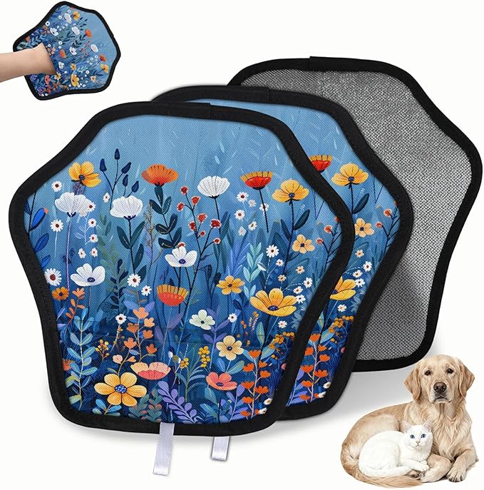 Reusable Pet Hair Removal Glove Wildflower Theme Magic Brush for Cat & Dog Hair Remover for Car, Sofa, Bedding, Clothes - 9x9 Mitt Washable