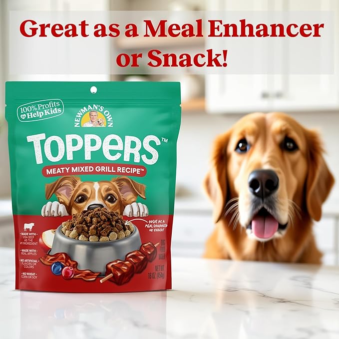 Newman's Own Toppers - Meal Topper for Dry Dog Food - Wet Topper for Picky Dogs - Beef as The First Ingredient - Made in The USA - Meaty Mixed Grill Recipe - 16 oz Resealable Pouch