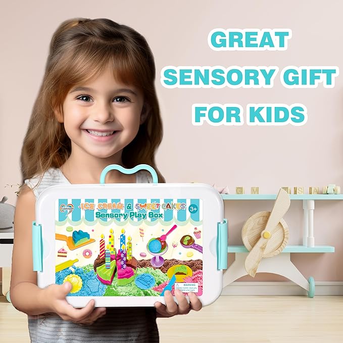 Sensory Bin,Ice Cream and Cakes Sensory Kit,Kids Play Sand Kit,Sandbox with Sensory Sand Girls and Boys,Sensory Toys for Kids 3 4 5 6 Year Old