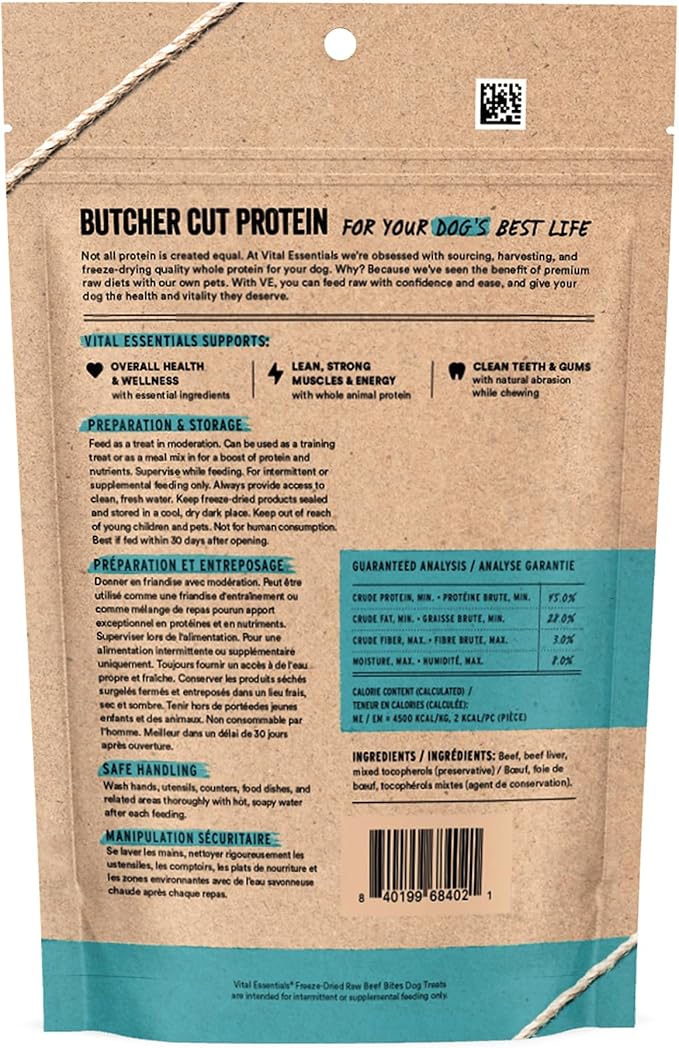 Vital Essentials Freeze Dried Dog Treats | Beef Bites, Single Protein | Premium Quality | Grain Free Training Treats for Dogs, 6.2 oz Bag
