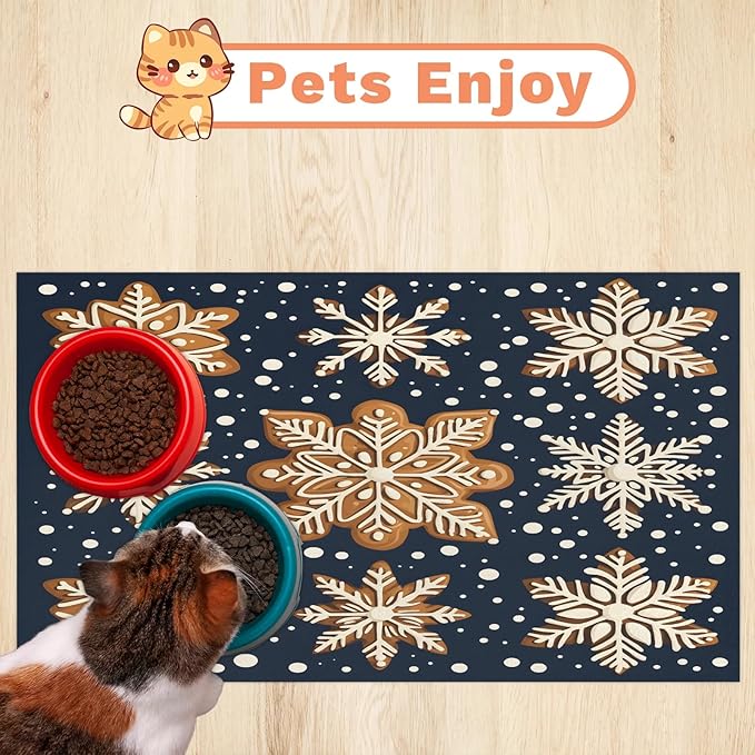 Gingerbread Snow Dog Food Mat for Floors Absorbent, Quick Dry Water Dispenser Mat for Food, Water, Pet Supplies 12" x 20", Snowflake