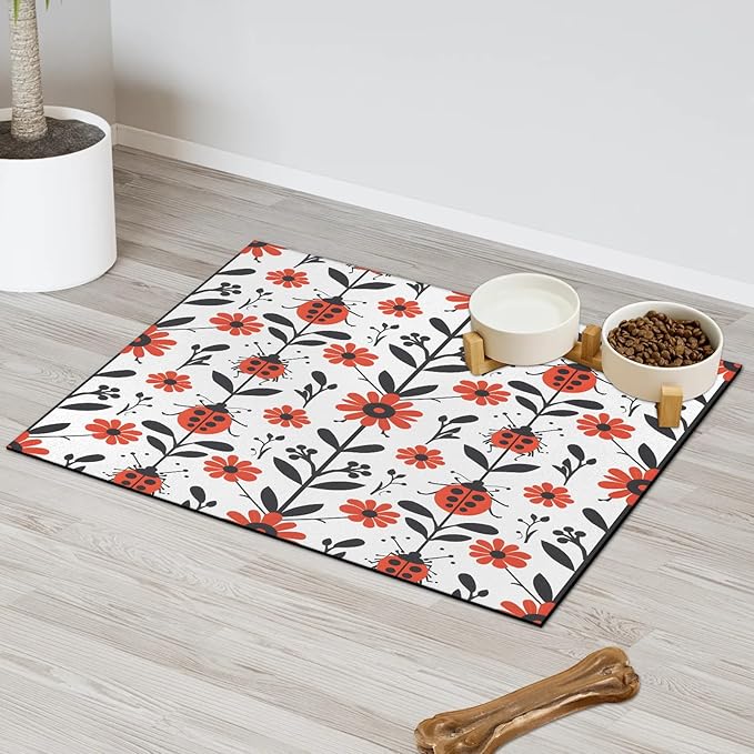 Boho Floral Dog Food Mat for Floors Absorbent, Quick Dry Water Dispenser Mat for Food, Water, Pet Supplies 12" x 20", Red Ladybird