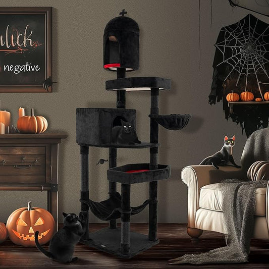 PETSITE 83 Inch Tall Gothic Cat Tree, Multi-Level Halloween Cat Tower with Coffin Beds, Scratching Posts, 2 Cat Condos, Dangling Balls, Hammock, and Basket Bed, Goth Cat Tree for Indoor Cats, Black