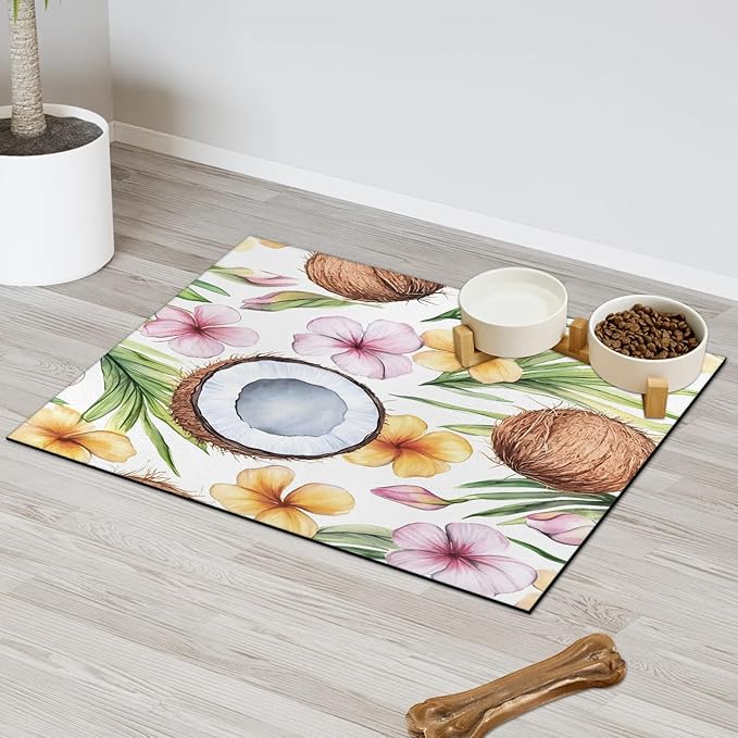 Coconut Fruit Dog Food Mat for Floors Absorbent Dog Bowl Mat for Food and Water Dispenser Quick Dry Cat Food Placemat Pet Supplies 24" x 32", Flower Leaves