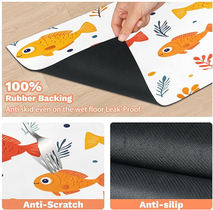 Cute Fish Dog Food Mat for Floors Absorbent Dog Bowl Mat for Food and Water Dispenser Quick Dry Cat Food Placemat Pet Supplies 24" x 32", Coral