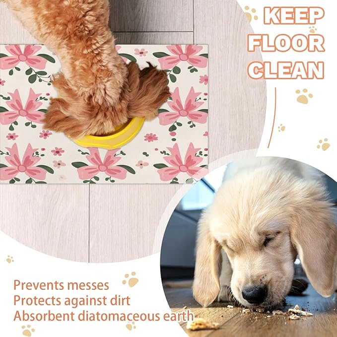 Pink Bow Dog Food Mat for Floors Absorbent, Quick Dry Water Dispenser Mat for Food, Water, Pet Supplies 17" x 30", Flower Leave